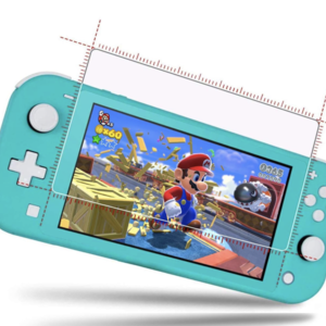 A turquoise Nintendo Switch Lite displaying a Mario game with Mario breaking wooden crates. The screen is overlaid with red measurement guides, suggesting a screen protector is being aligned or installed.